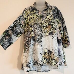 Grizas Linen Floral Top Shirt Sz S Button Up Flower Print Oversized Colorful Art